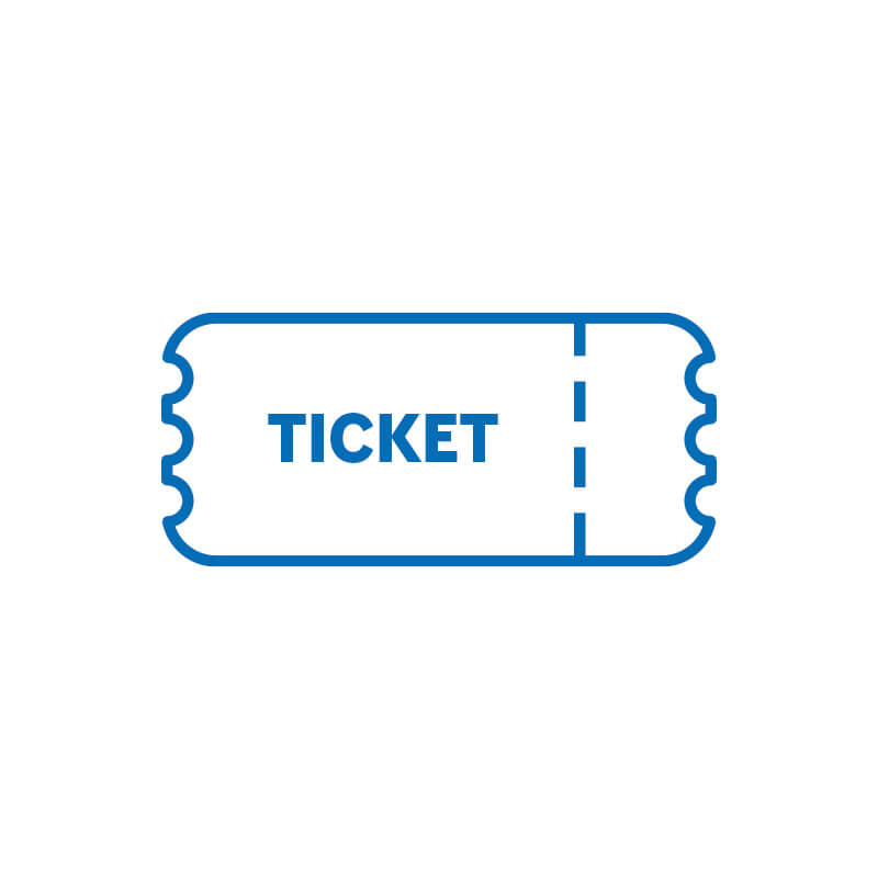 Rechteckiges Ticket mit dem Schriftzug "TICKET" in blauer Schrift